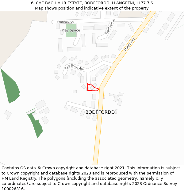 6, CAE BACH AUR ESTATE, BODFFORDD, LLANGEFNI, LL77 7JS: Location map and indicative extent of plot