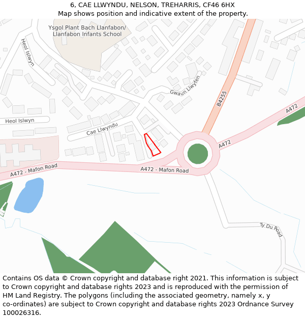 6, CAE LLWYNDU, NELSON, TREHARRIS, CF46 6HX: Location map and indicative extent of plot