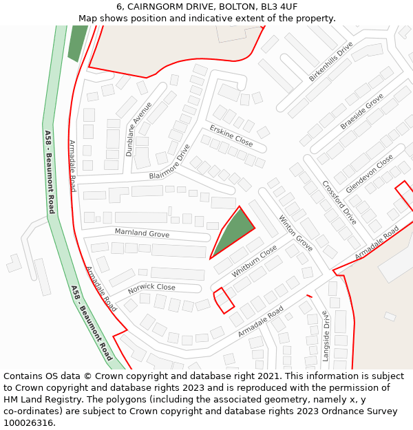 6, CAIRNGORM DRIVE, BOLTON, BL3 4UF: Location map and indicative extent of plot