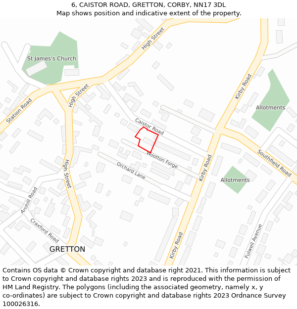 6, CAISTOR ROAD, GRETTON, CORBY, NN17 3DL: Location map and indicative extent of plot