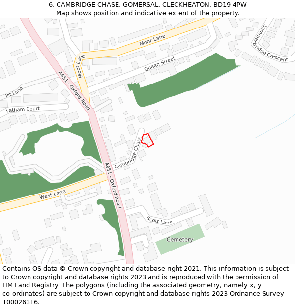 6, CAMBRIDGE CHASE, GOMERSAL, CLECKHEATON, BD19 4PW: Location map and indicative extent of plot