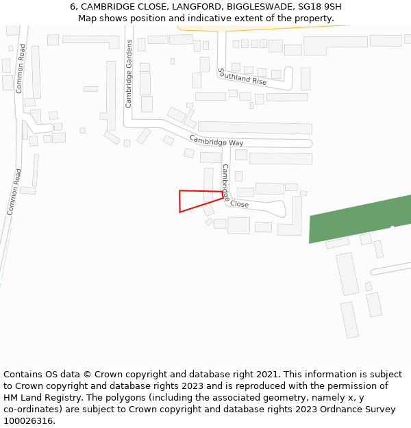 6, CAMBRIDGE CLOSE, LANGFORD, BIGGLESWADE, SG18 9SH: Location map and indicative extent of plot