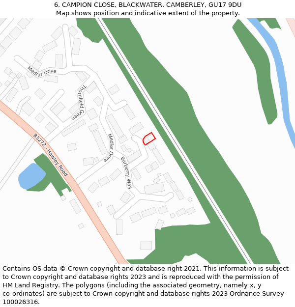 6, CAMPION CLOSE, BLACKWATER, CAMBERLEY, GU17 9DU: Location map and indicative extent of plot