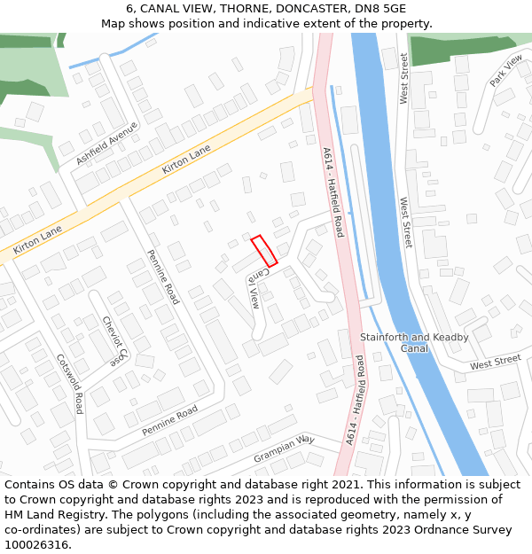 6, CANAL VIEW, THORNE, DONCASTER, DN8 5GE: Location map and indicative extent of plot