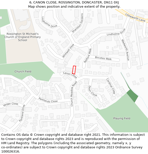 6, CANON CLOSE, ROSSINGTON, DONCASTER, DN11 0XJ: Location map and indicative extent of plot