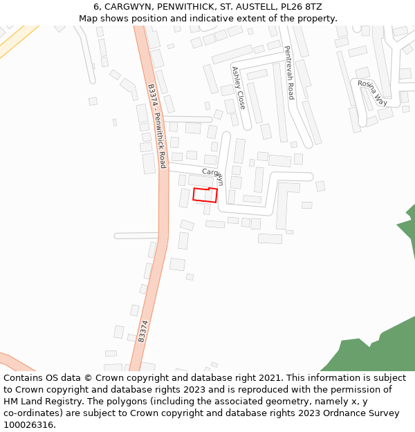 6, CARGWYN, PENWITHICK, ST. AUSTELL, PL26 8TZ: Location map and indicative extent of plot