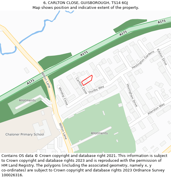 6, CARLTON CLOSE, GUISBOROUGH, TS14 6GJ: Location map and indicative extent of plot