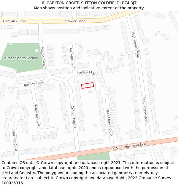 6, CARLTON CROFT, SUTTON COLDFIELD, B74 3JT: Location map and indicative extent of plot