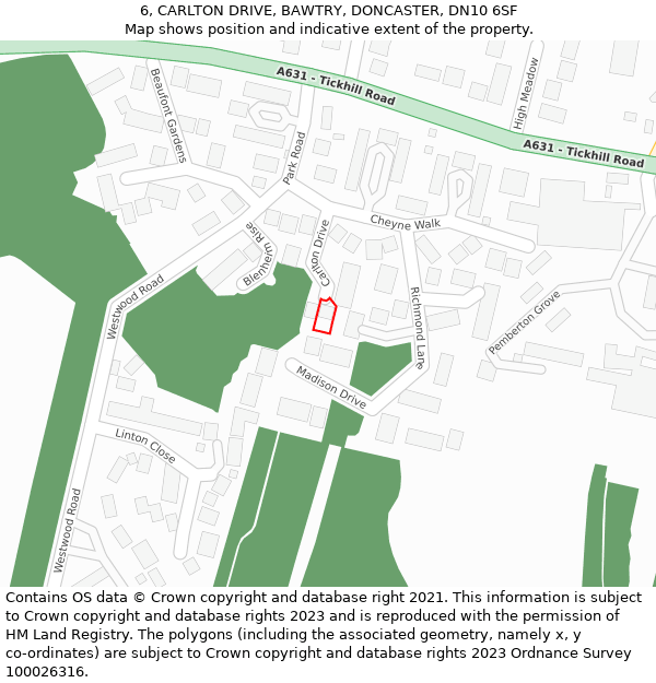 6, CARLTON DRIVE, BAWTRY, DONCASTER, DN10 6SF: Location map and indicative extent of plot