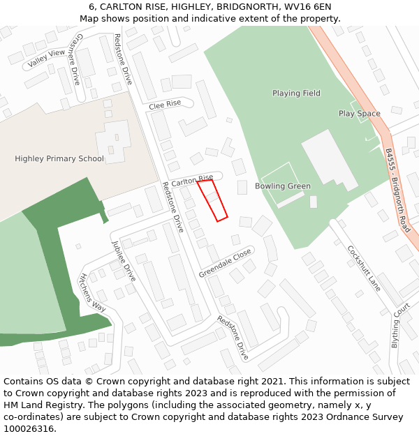 6, CARLTON RISE, HIGHLEY, BRIDGNORTH, WV16 6EN: Location map and indicative extent of plot