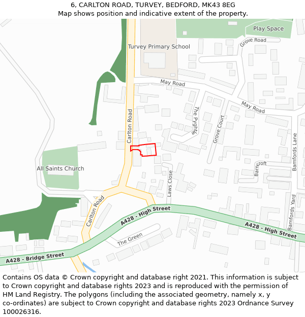 6, CARLTON ROAD, TURVEY, BEDFORD, MK43 8EG: Location map and indicative extent of plot