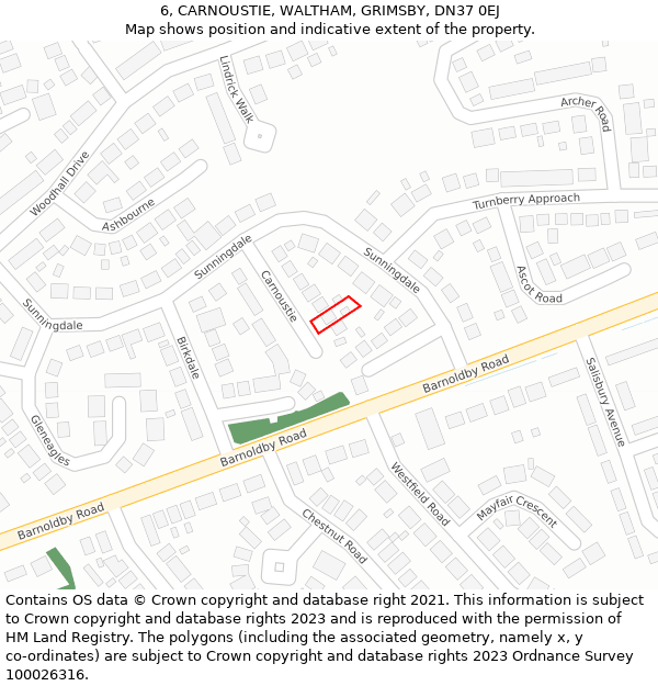 6, CARNOUSTIE, WALTHAM, GRIMSBY, DN37 0EJ: Location map and indicative extent of plot