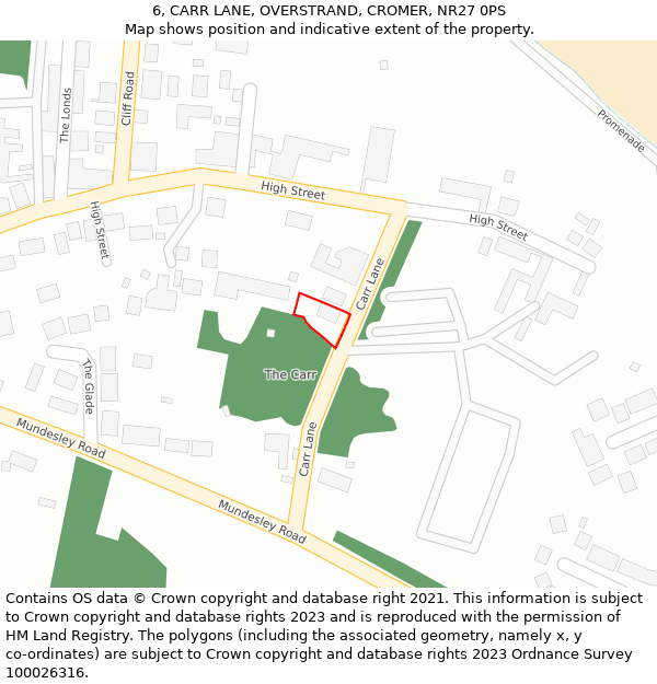 6, CARR LANE, OVERSTRAND, CROMER, NR27 0PS: Location map and indicative extent of plot