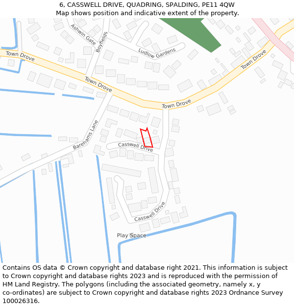 6, CASSWELL DRIVE, QUADRING, SPALDING, PE11 4QW: Location map and indicative extent of plot