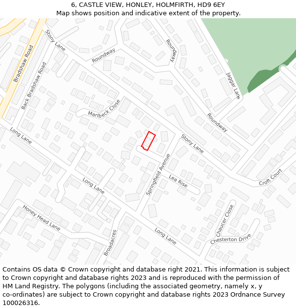 6, CASTLE VIEW, HONLEY, HOLMFIRTH, HD9 6EY: Location map and indicative extent of plot