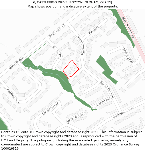 6, CASTLERIGG DRIVE, ROYTON, OLDHAM, OL2 5YJ: Location map and indicative extent of plot