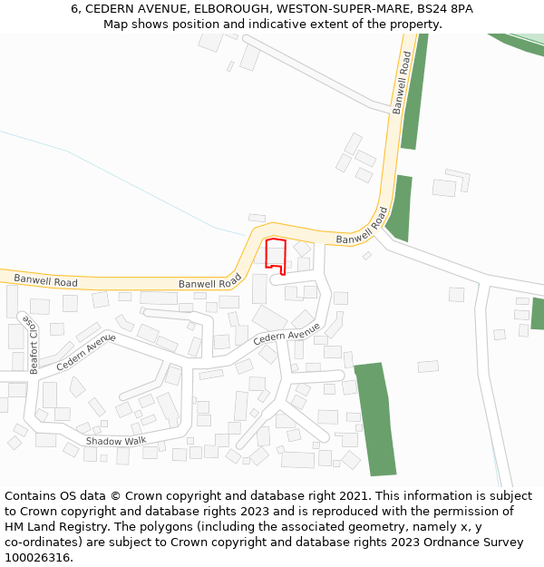 6, CEDERN AVENUE, ELBOROUGH, WESTON-SUPER-MARE, BS24 8PA: Location map and indicative extent of plot