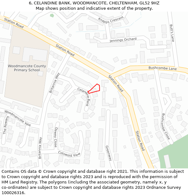 6, CELANDINE BANK, WOODMANCOTE, CHELTENHAM, GL52 9HZ: Location map and indicative extent of plot