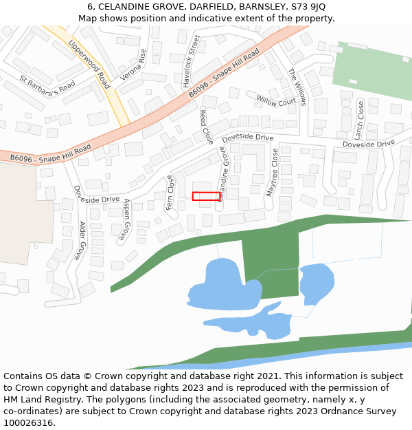 6, CELANDINE GROVE, DARFIELD, BARNSLEY, S73 9JQ: Location map and indicative extent of plot