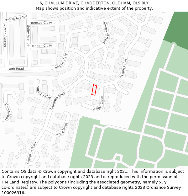 6, CHALLUM DRIVE, CHADDERTON, OLDHAM, OL9 0LY: Location map and indicative extent of plot