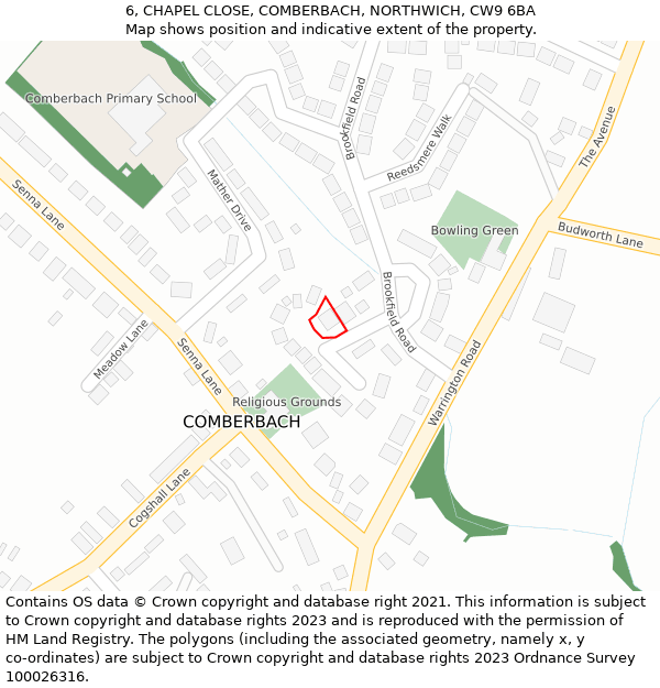 6, CHAPEL CLOSE, COMBERBACH, NORTHWICH, CW9 6BA: Location map and indicative extent of plot