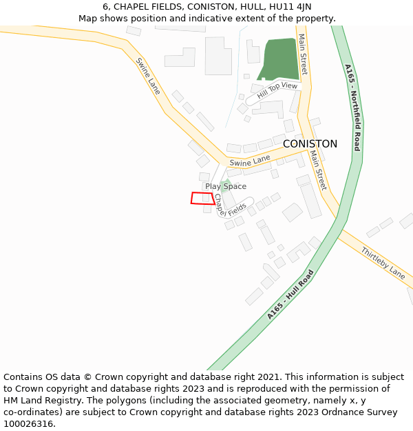 6, CHAPEL FIELDS, CONISTON, HULL, HU11 4JN: Location map and indicative extent of plot