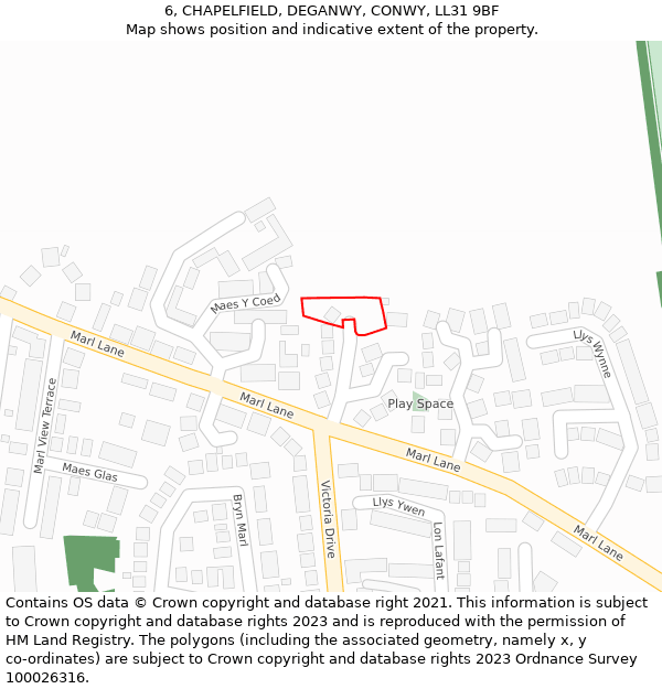 6, CHAPELFIELD, DEGANWY, CONWY, LL31 9BF: Location map and indicative extent of plot