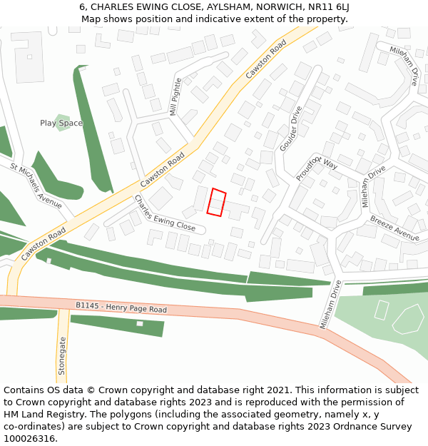 6, CHARLES EWING CLOSE, AYLSHAM, NORWICH, NR11 6LJ: Location map and indicative extent of plot