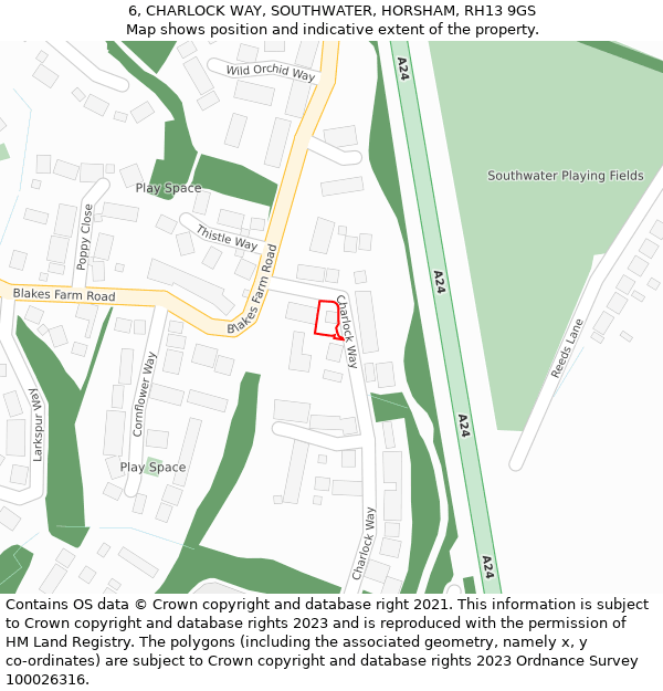 6, CHARLOCK WAY, SOUTHWATER, HORSHAM, RH13 9GS: Location map and indicative extent of plot