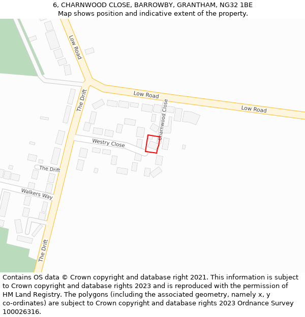 6, CHARNWOOD CLOSE, BARROWBY, GRANTHAM, NG32 1BE: Location map and indicative extent of plot