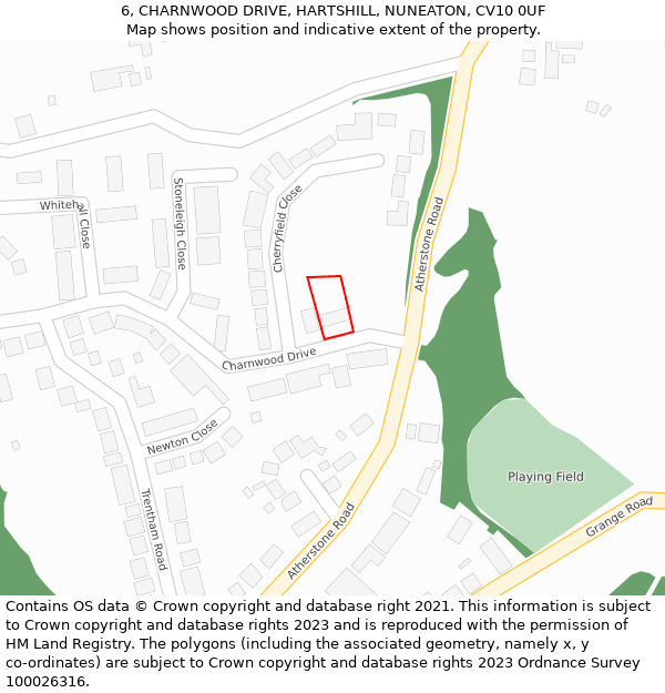 6, CHARNWOOD DRIVE, HARTSHILL, NUNEATON, CV10 0UF: Location map and indicative extent of plot