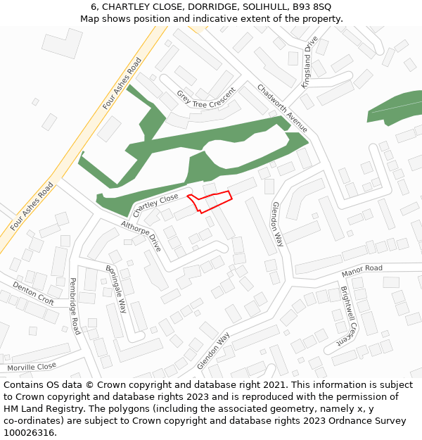 6, CHARTLEY CLOSE, DORRIDGE, SOLIHULL, B93 8SQ: Location map and indicative extent of plot