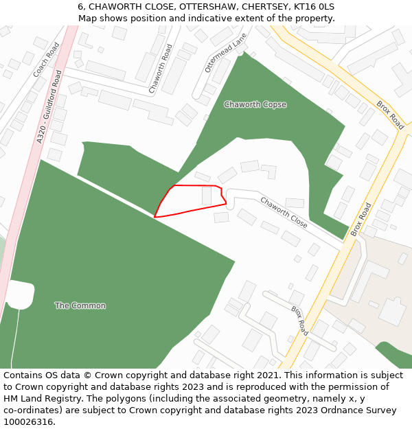 6, CHAWORTH CLOSE, OTTERSHAW, CHERTSEY, KT16 0LS: Location map and indicative extent of plot