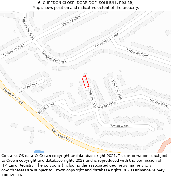 6, CHEEDON CLOSE, DORRIDGE, SOLIHULL, B93 8RJ: Location map and indicative extent of plot