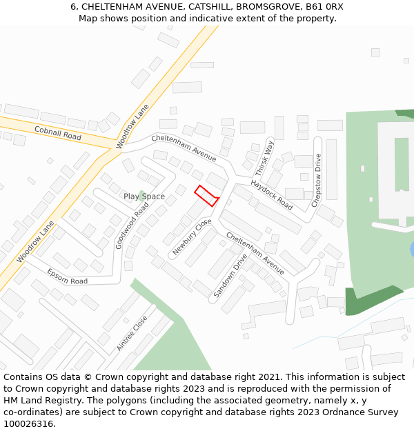 6, CHELTENHAM AVENUE, CATSHILL, BROMSGROVE, B61 0RX: Location map and indicative extent of plot