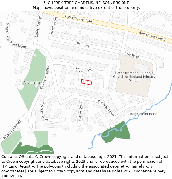 6, CHERRY TREE GARDENS, NELSON, BB9 0NE: Location map and indicative extent of plot