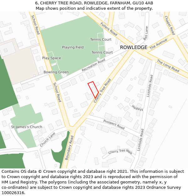 6, CHERRY TREE ROAD, ROWLEDGE, FARNHAM, GU10 4AB: Location map and indicative extent of plot