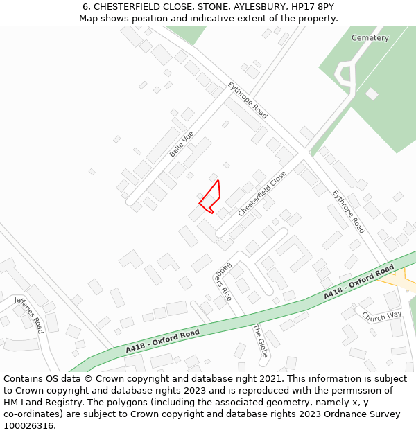 6, CHESTERFIELD CLOSE, STONE, AYLESBURY, HP17 8PY: Location map and indicative extent of plot