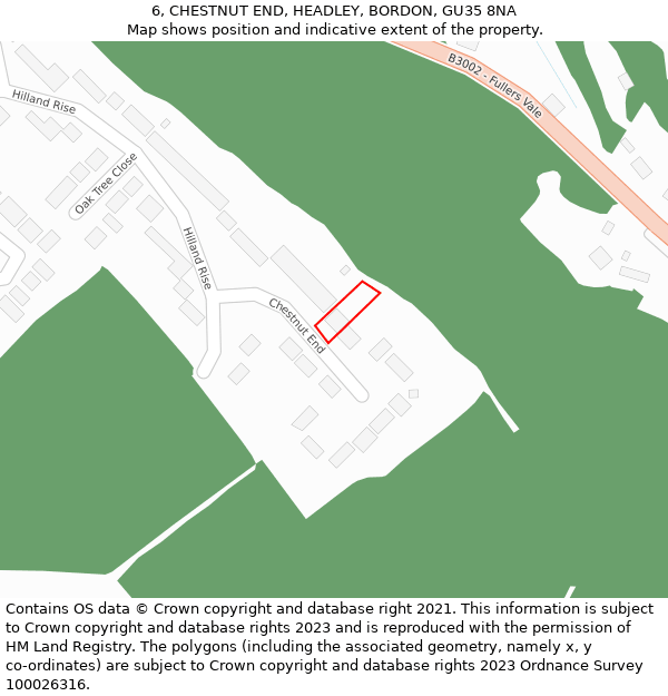 6, CHESTNUT END, HEADLEY, BORDON, GU35 8NA: Location map and indicative extent of plot