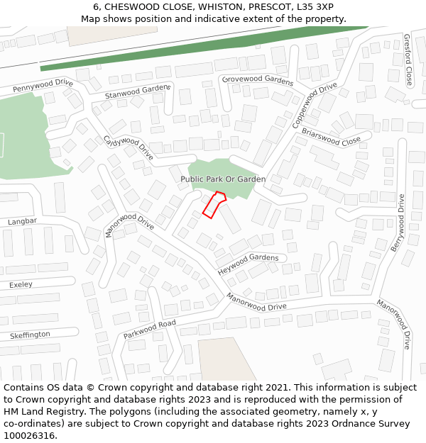 6, CHESWOOD CLOSE, WHISTON, PRESCOT, L35 3XP: Location map and indicative extent of plot