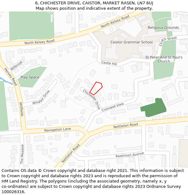 6, CHICHESTER DRIVE, CAISTOR, MARKET RASEN, LN7 6UJ: Location map and indicative extent of plot