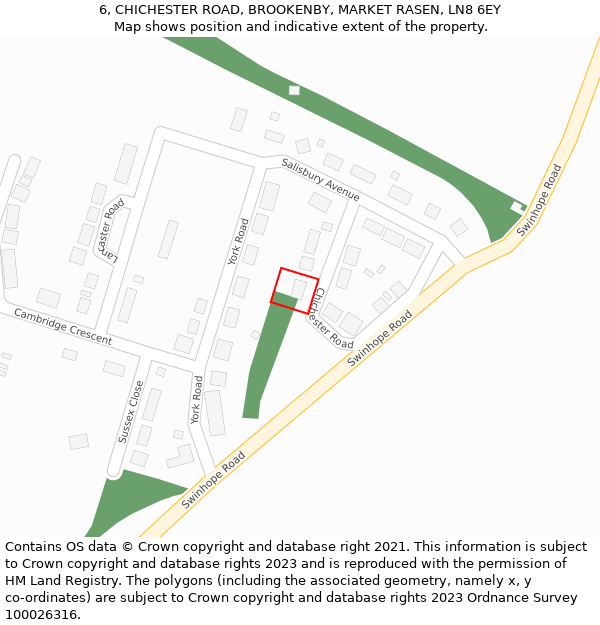 6, CHICHESTER ROAD, BROOKENBY, MARKET RASEN, LN8 6EY: Location map and indicative extent of plot