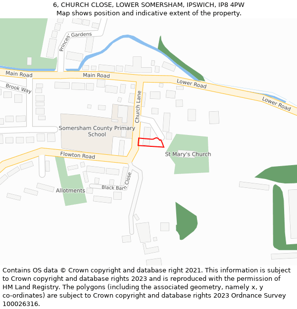 6, CHURCH CLOSE, LOWER SOMERSHAM, IPSWICH, IP8 4PW: Location map and indicative extent of plot