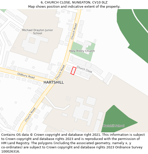 6, CHURCH CLOSE, NUNEATON, CV10 0LZ: Location map and indicative extent of plot