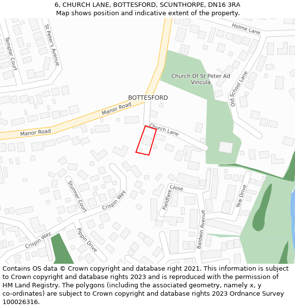 6, CHURCH LANE, BOTTESFORD, SCUNTHORPE, DN16 3RA: Location map and indicative extent of plot