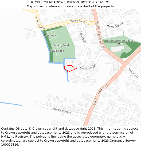 6, CHURCH MEADOWS, KIRTON, BOSTON, PE20 1XT: Location map and indicative extent of plot