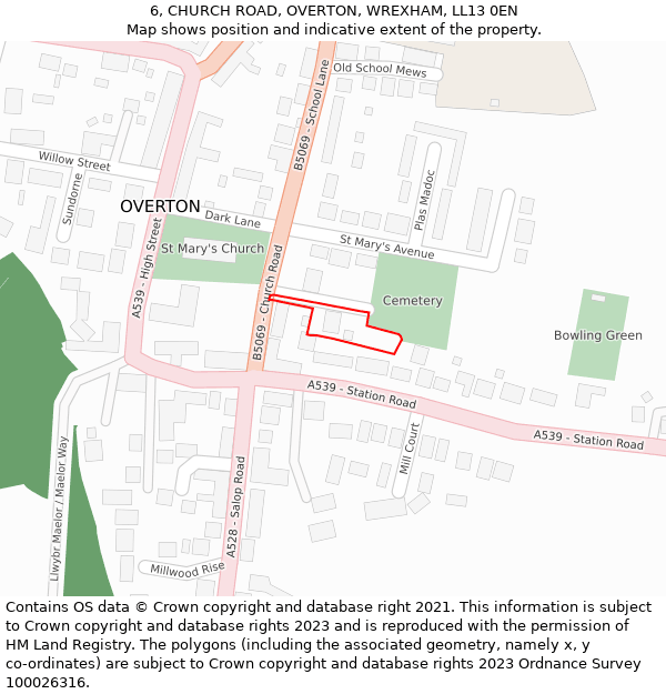 6, CHURCH ROAD, OVERTON, WREXHAM, LL13 0EN: Location map and indicative extent of plot
