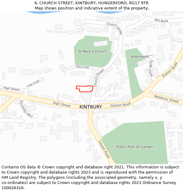 6, CHURCH STREET, KINTBURY, HUNGERFORD, RG17 9TR: Location map and indicative extent of plot
