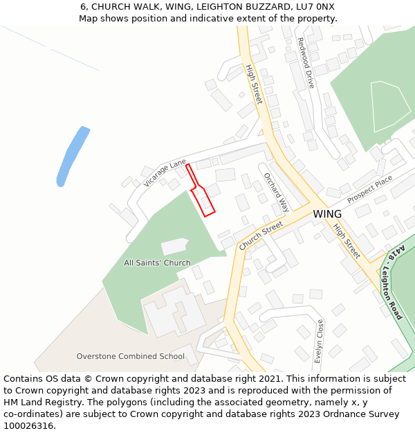 6, CHURCH WALK, WING, LEIGHTON BUZZARD, LU7 0NX: Location map and indicative extent of plot