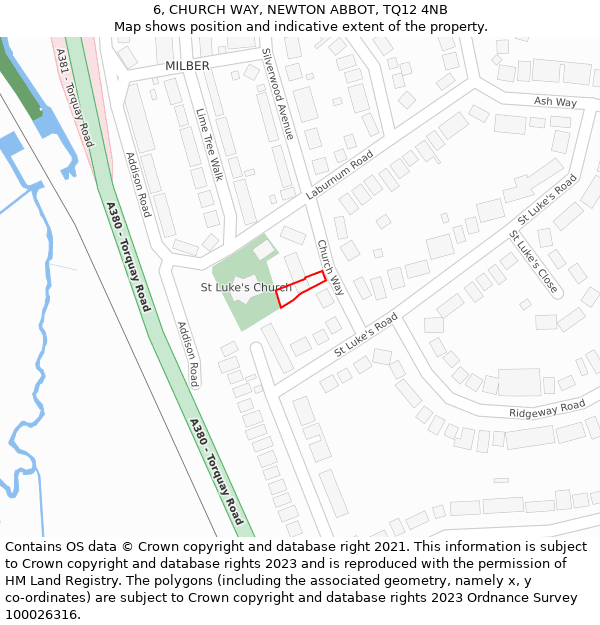 6, CHURCH WAY, NEWTON ABBOT, TQ12 4NB: Location map and indicative extent of plot